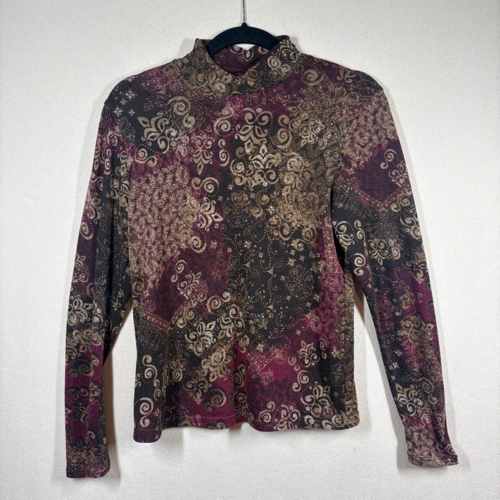 Kim Rogers Womens Small Brown Burgundy Mock Neck Damask Print Top Dark Romantic